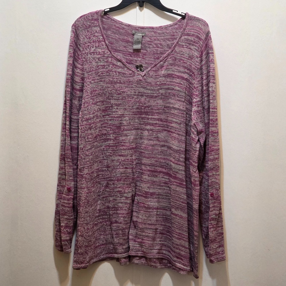 New Directions Weekend Purple & Gray Blended Sweater V-Neck L/S Knit 3X New
